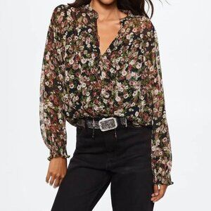 Mango Floral Print Sheer Blouse US 12 Black Multicolor Long Sleeve Lightweight